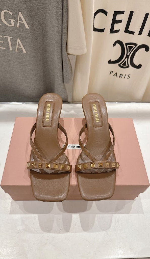 Studded Leather Thong Sandals with Architectural Heel