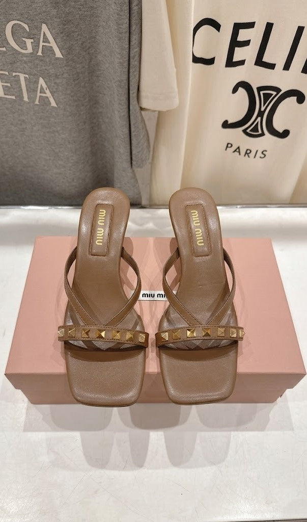 Studded Leather Thong Sandals with Architectural Heel