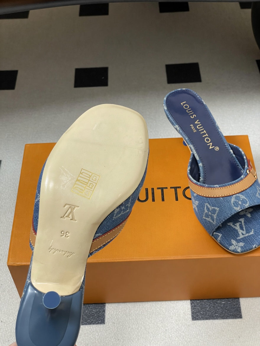 Luxury-Inspired Denim Open Toe Kitten Heels