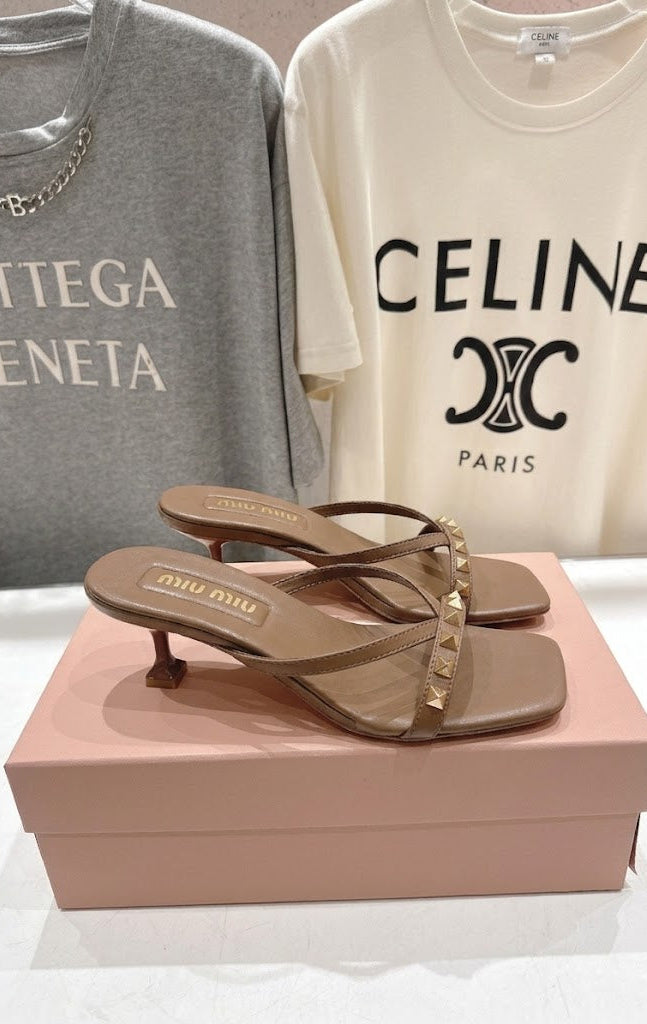 Studded Leather Thong Sandals with Architectural Heel