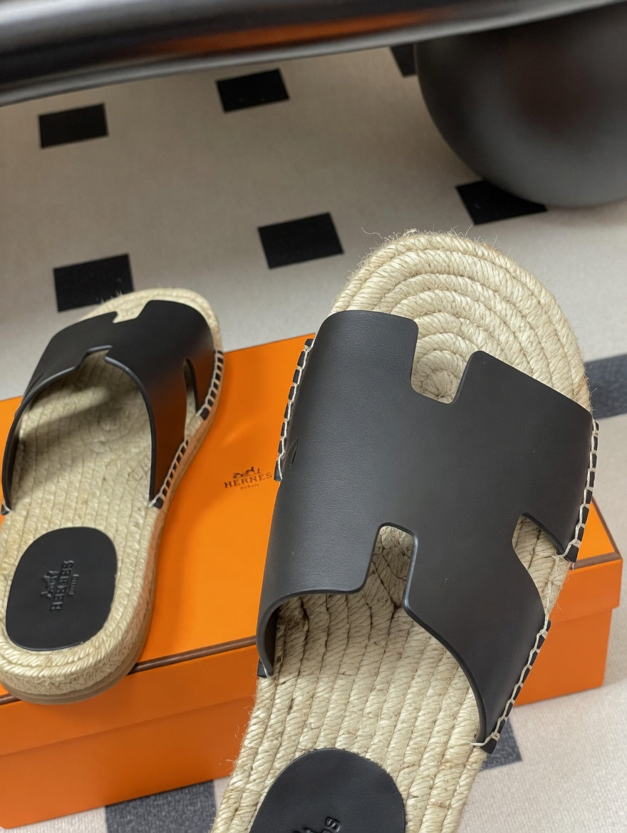 Chic Leather Espadrille Slides with Signature H Cut-Out