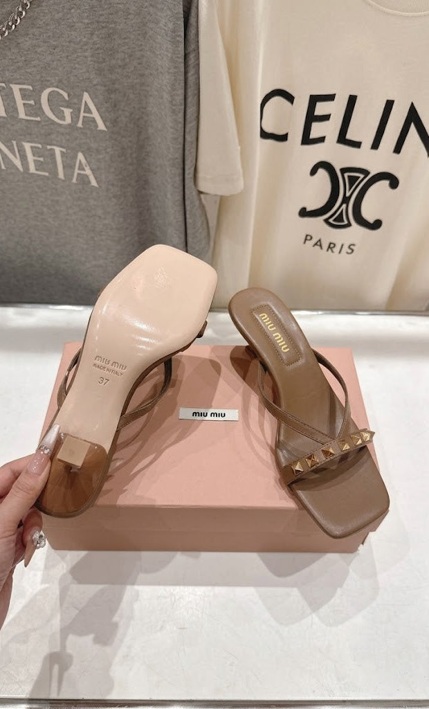 Studded Leather Thong Sandals with Architectural Heel