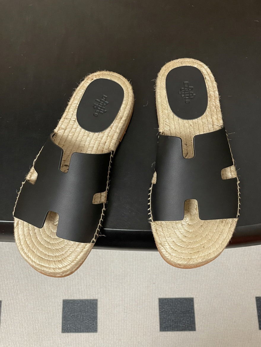 Chic Leather Espadrille Slides with Signature H Cut-Out