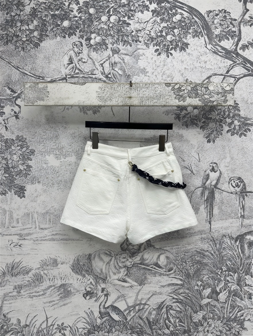 White Monogram  Denim Shorts with Scarf Belt