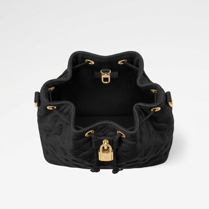 Black Quilted Leather Coussin Bucket Bag with Gold-Tone Chain