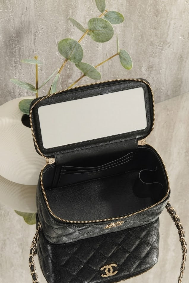 Classic Black Quilted Vanity Bag with Top Handle & Mirror