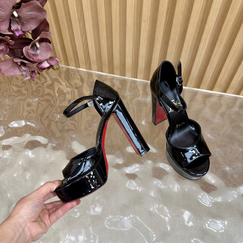 Chic Black Glossy Platform Mary Jane Sandals with Red Bottom