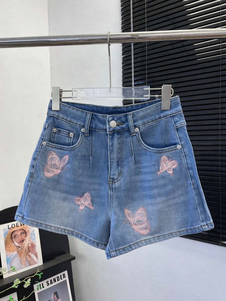 Butterfly Embroidered Denim Shorts