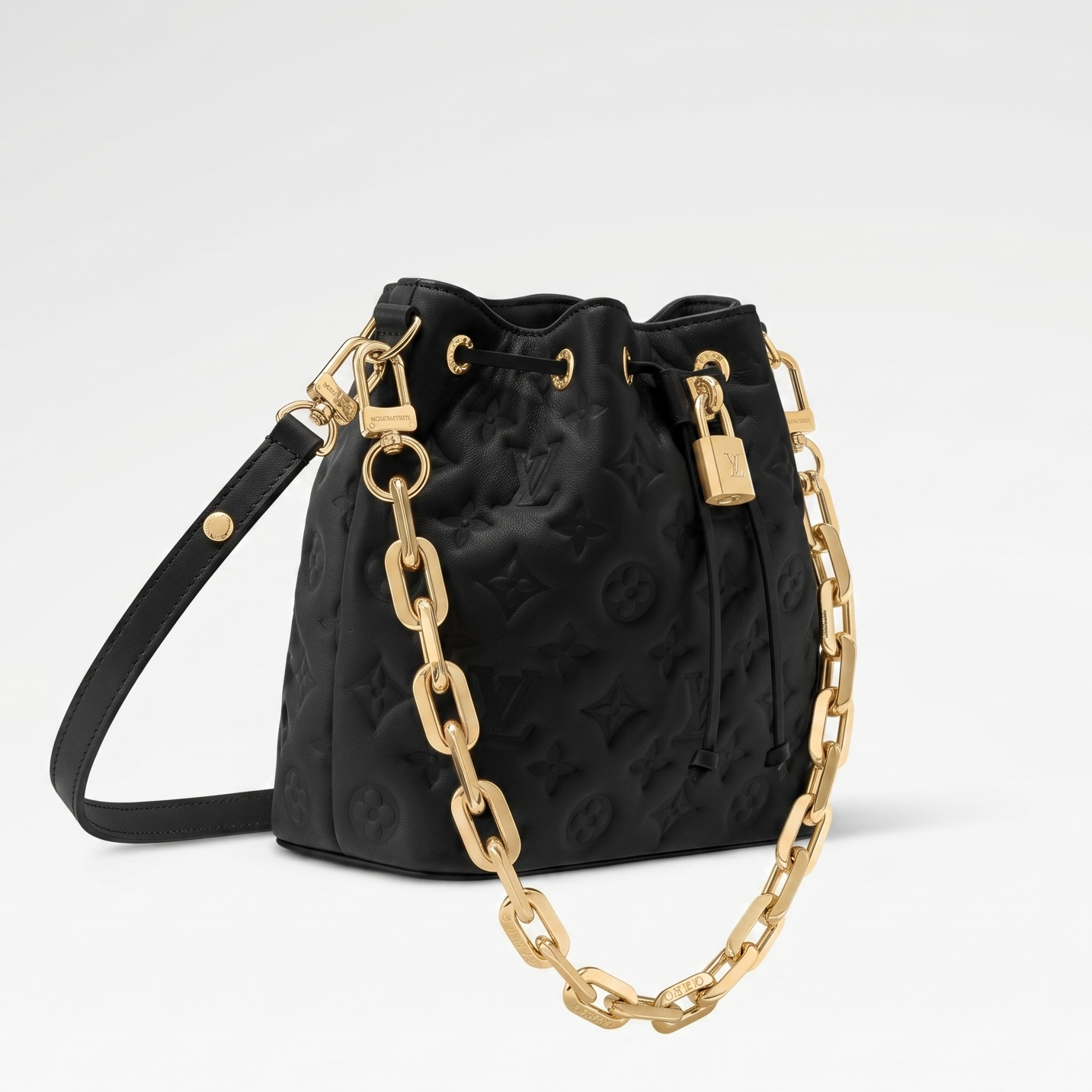 Black Quilted Leather Coussin Bucket Bag with Gold-Tone Chain
