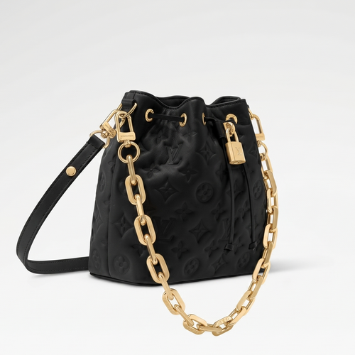 Black Quilted Leather Coussin Bucket Bag with Gold-Tone Chain