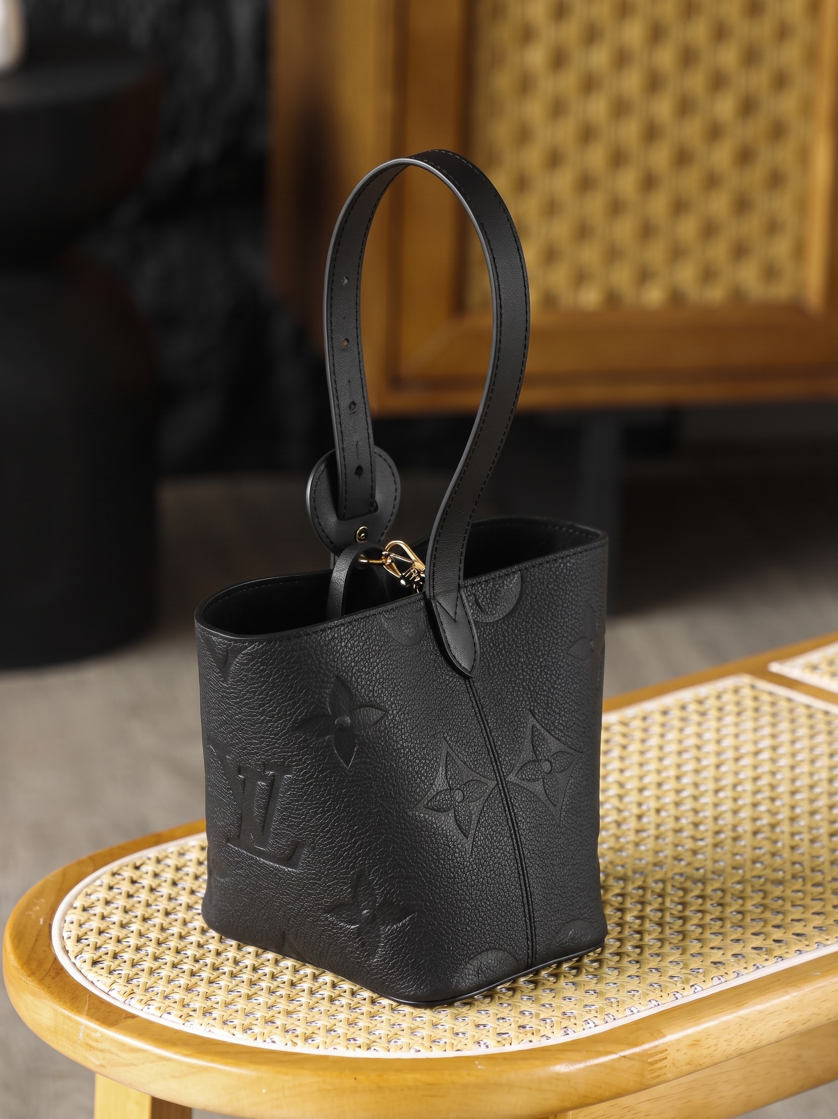 Embossed Monogram Handbag in Black Leather
