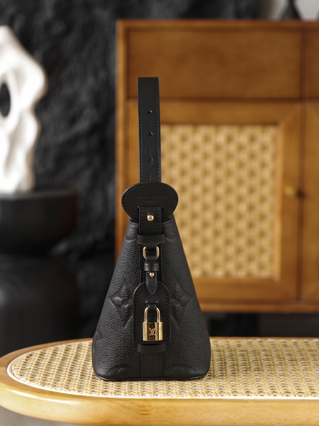 Embossed Monogram Handbag in Black Leather