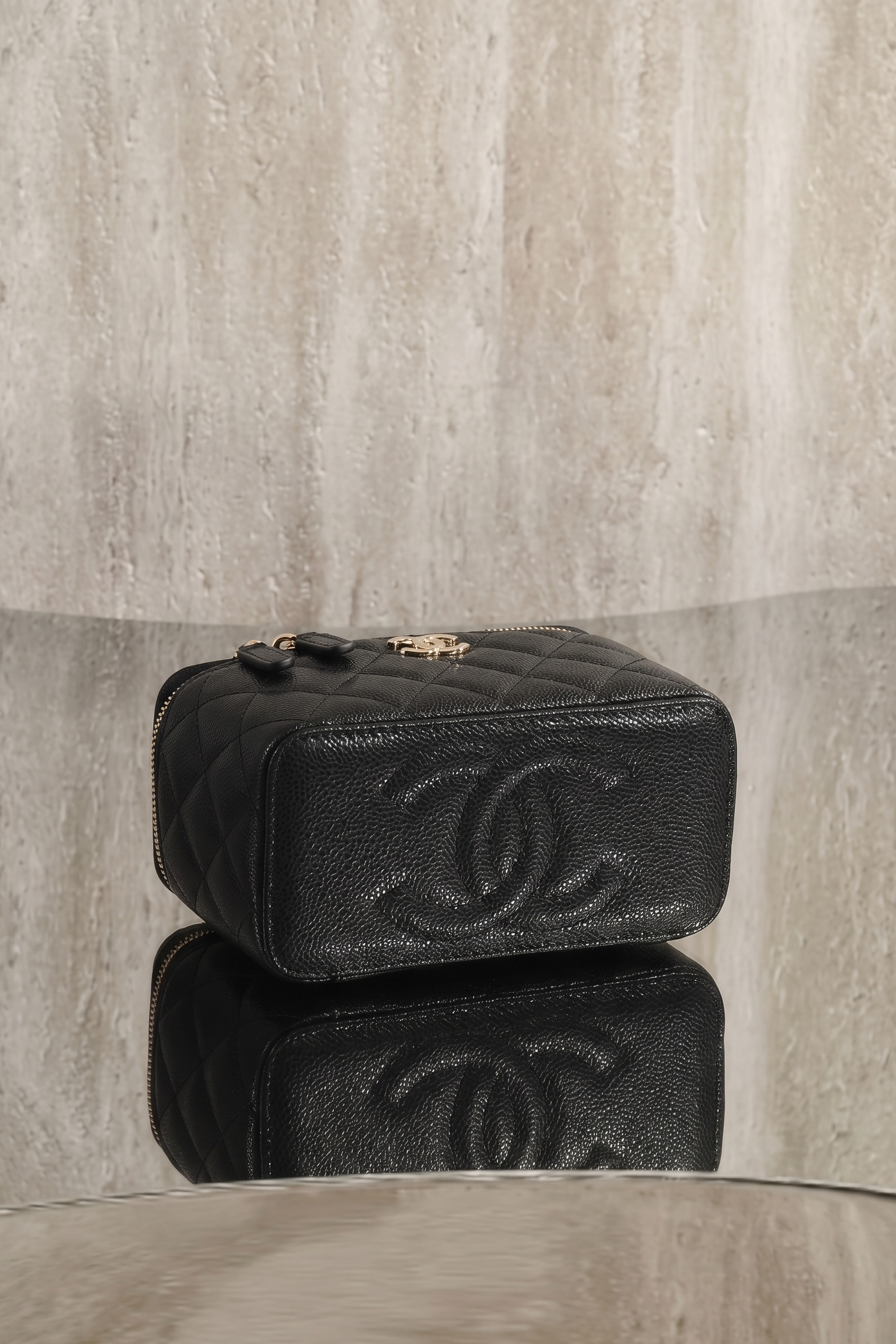 Classic Black Quilted Vanity Bag with Top Handle & Mirror