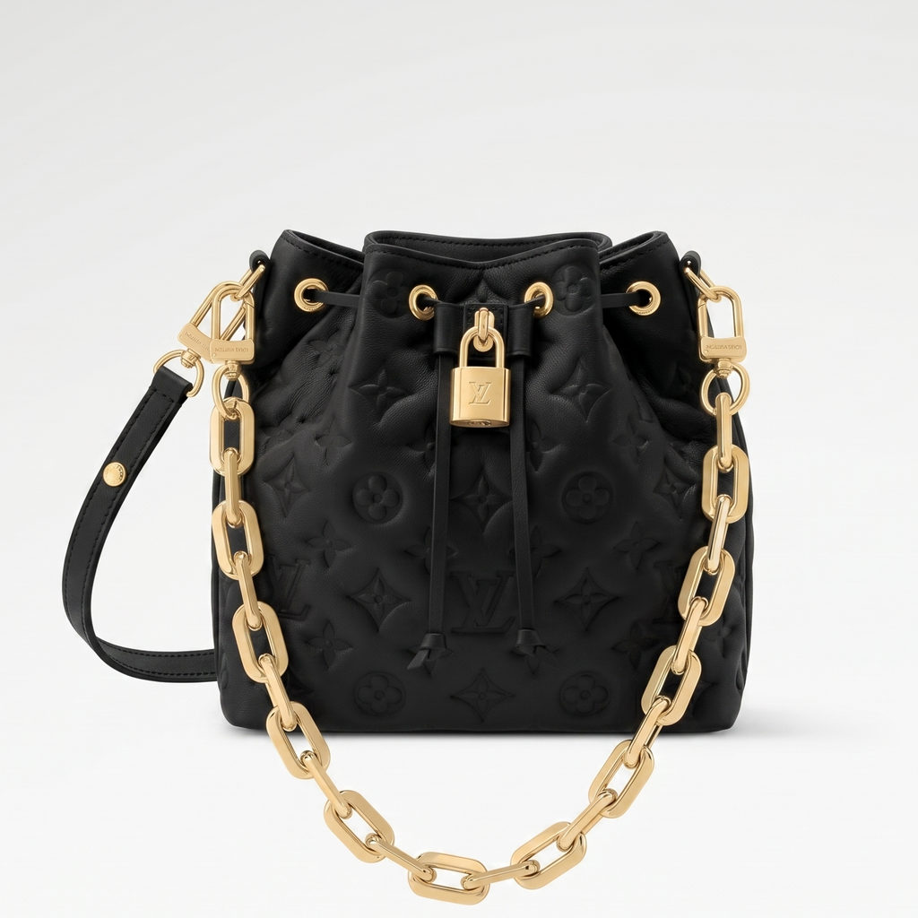 Black Quilted Leather Coussin Bucket Bag with Gold-Tone Chain