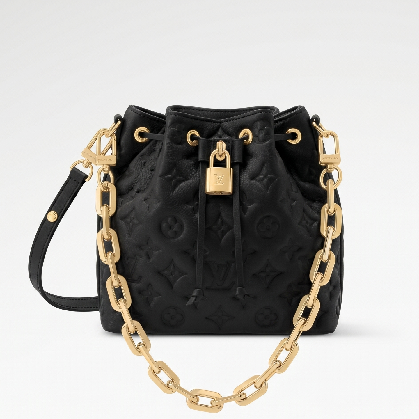 Black Quilted Leather Coussin Bucket Bag with Gold-Tone Chain