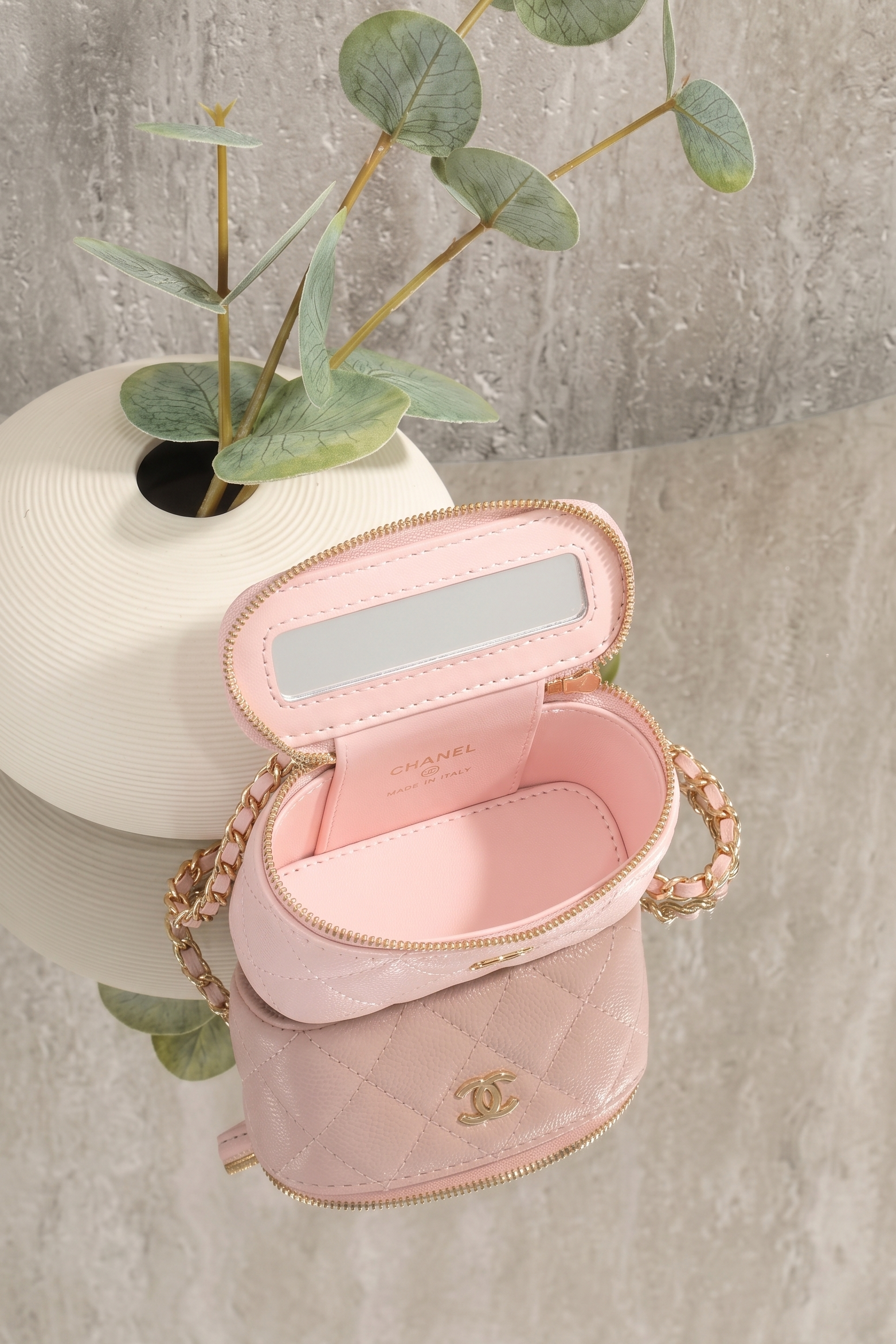 Mini Vanity Bag in Pastel Pink with Woven Chain Strap