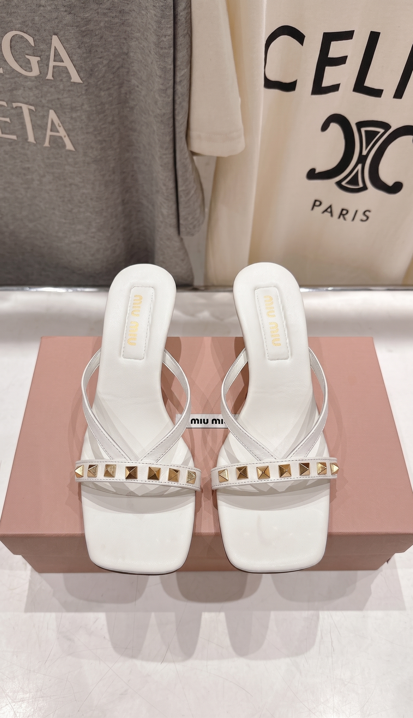 Studded Leather Thong Sandals with Architectural Heel