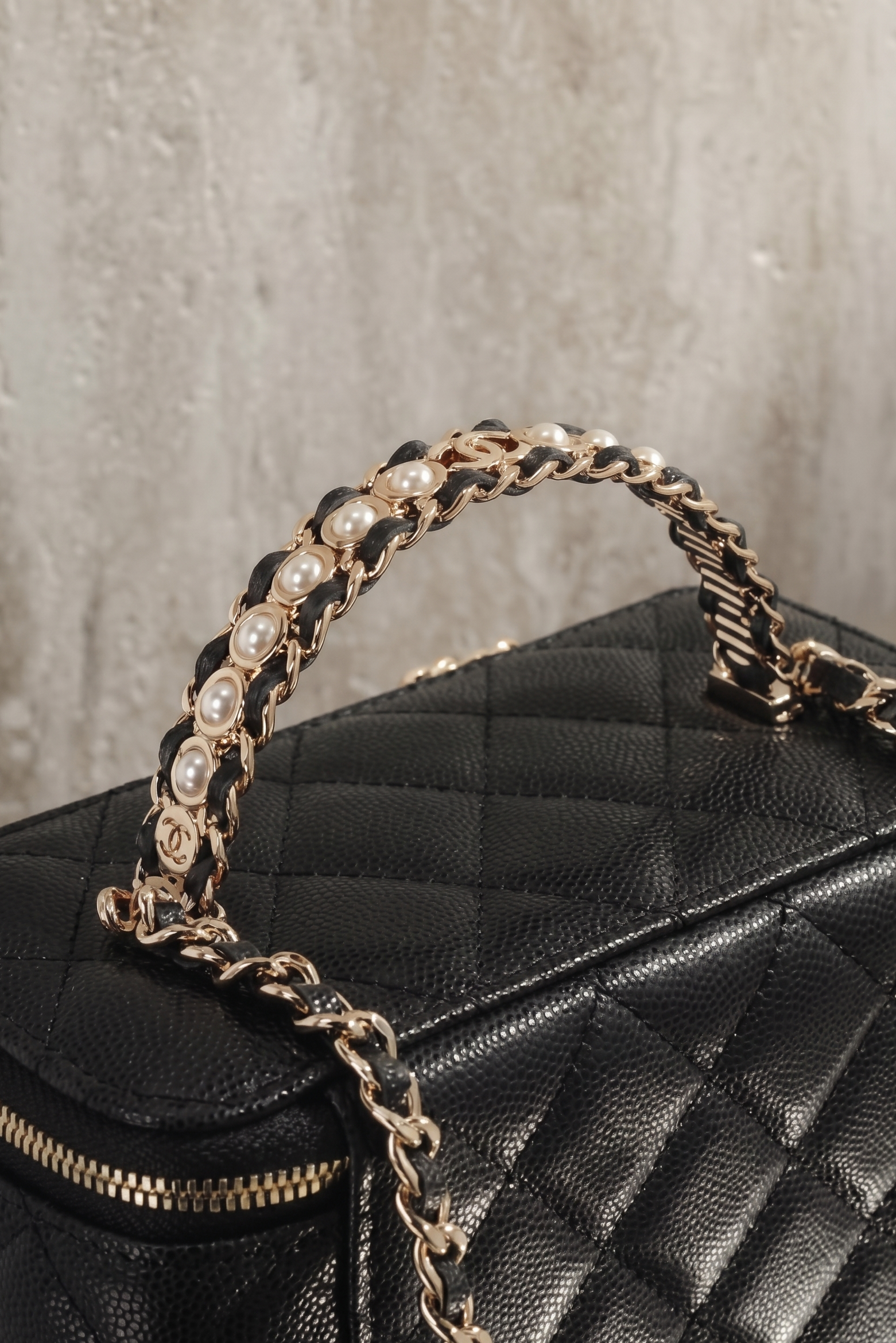 Classic Black Quilted Vanity Bag with Top Handle & Mirror