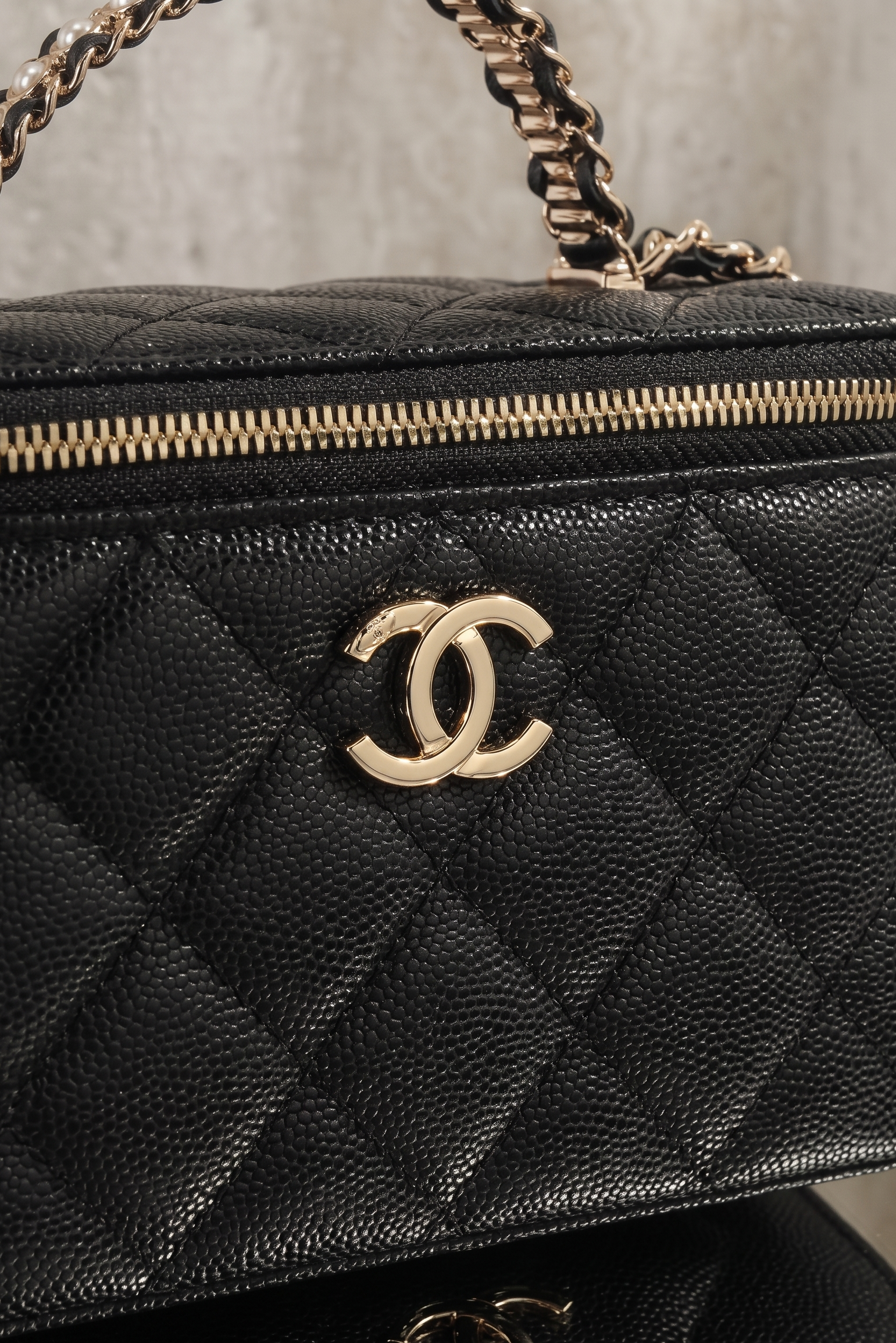 Classic Black Quilted Vanity Bag with Top Handle & Mirror