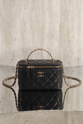 Classic Black Quilted Vanity Bag with Top Handle & Mirror