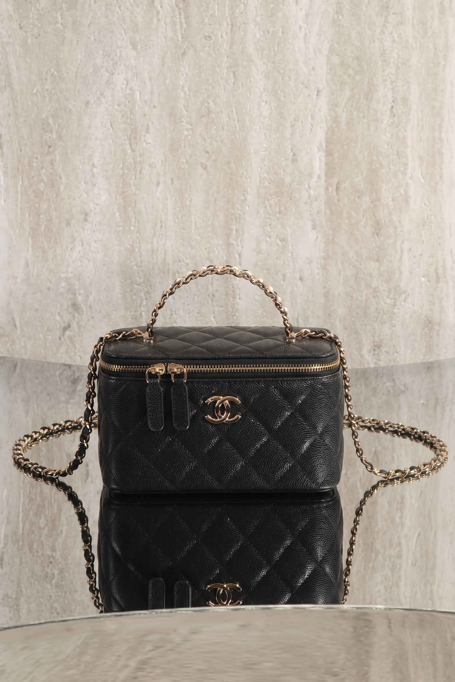 Classic Black Quilted Vanity Bag with Top Handle & Mirror