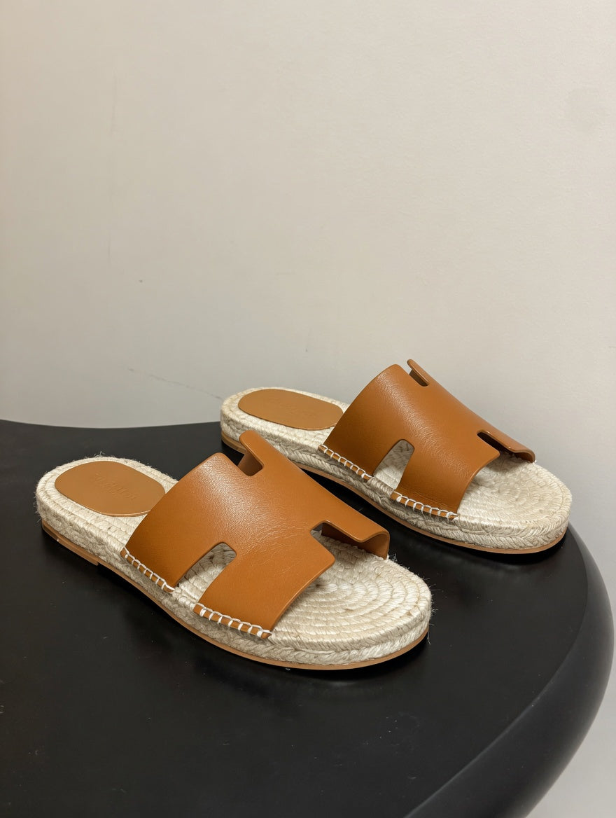 Chic Leather Espadrille Slides with Signature H Cut-Out