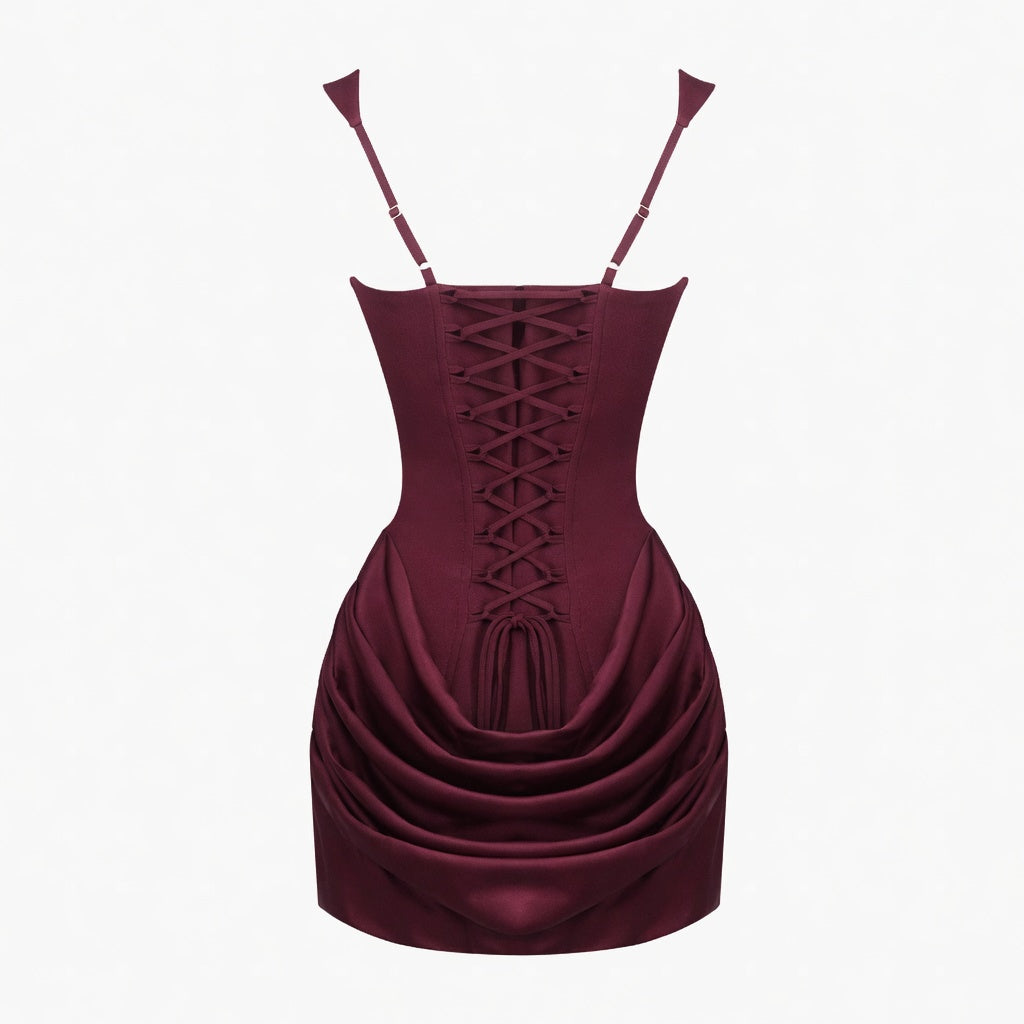 Burgundy Corset Dress with Ruched Drape