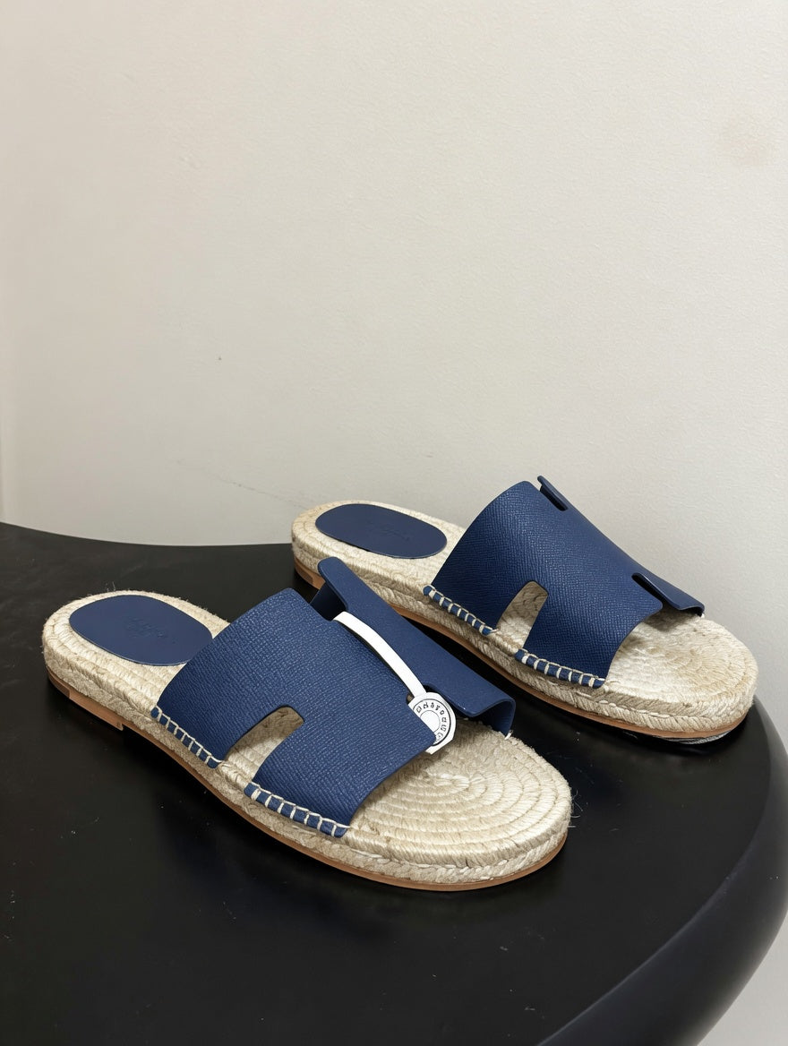 Chic Leather Espadrille Slides with Signature H Cut-Out