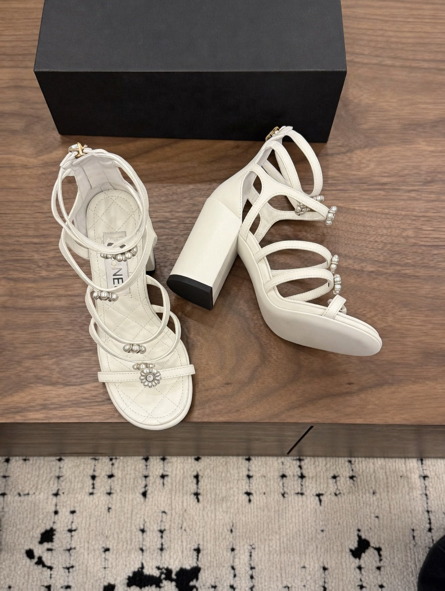 Chic Strappy Block Heel Sandals with Pearl Details