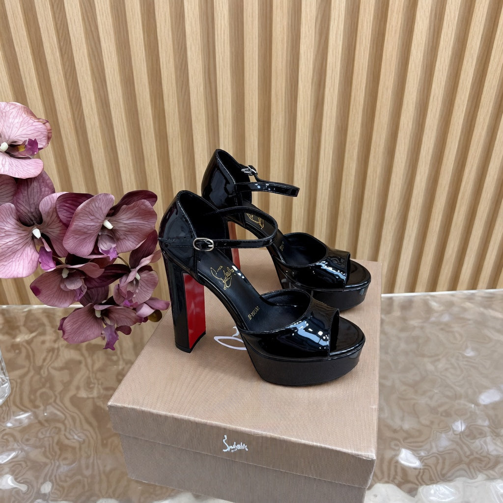 Chic Black Glossy Platform Mary Jane Sandals with Red Bottom