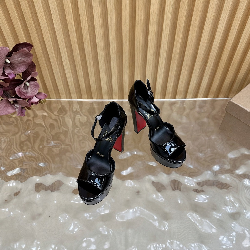 Chic Black Glossy Platform Mary Jane Sandals with Red Bottom