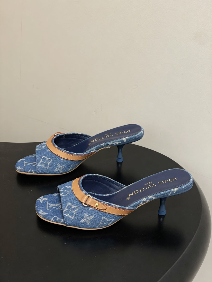 Luxury-Inspired Denim Open Toe Kitten Heels