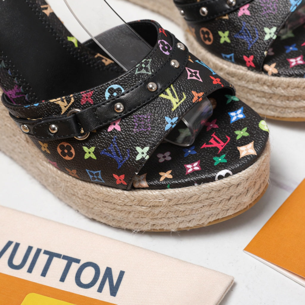 Multicolor Canvas Wedge Sandals