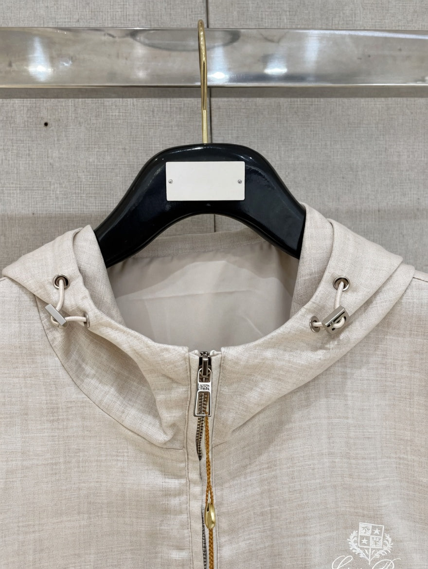 Minimalist Beige Linen Hoodie Jacket with Gold Zipper