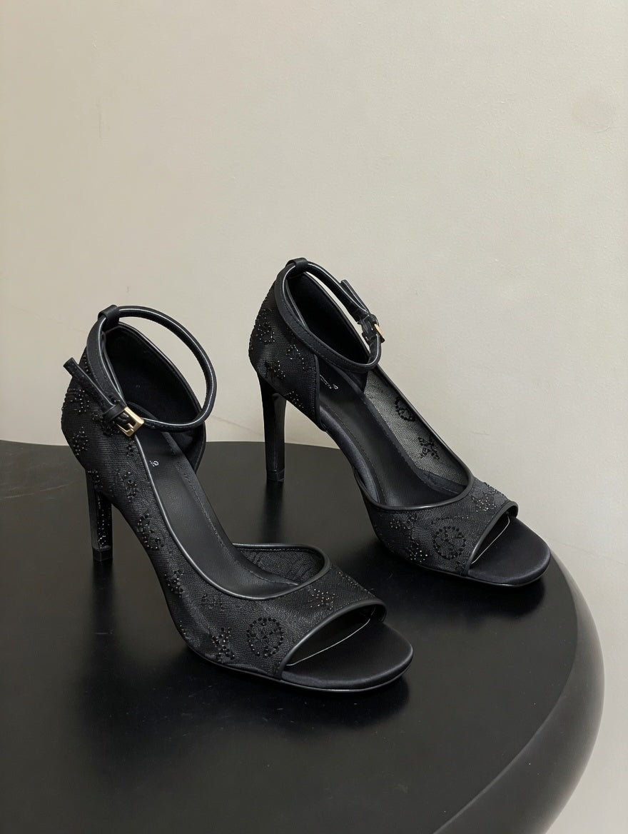 Black Mesh Embroidered Stiletto Heels