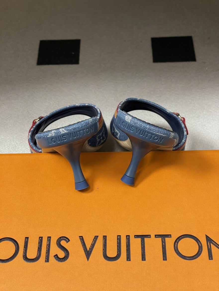 Luxury-Inspired Denim Open Toe Kitten Heels