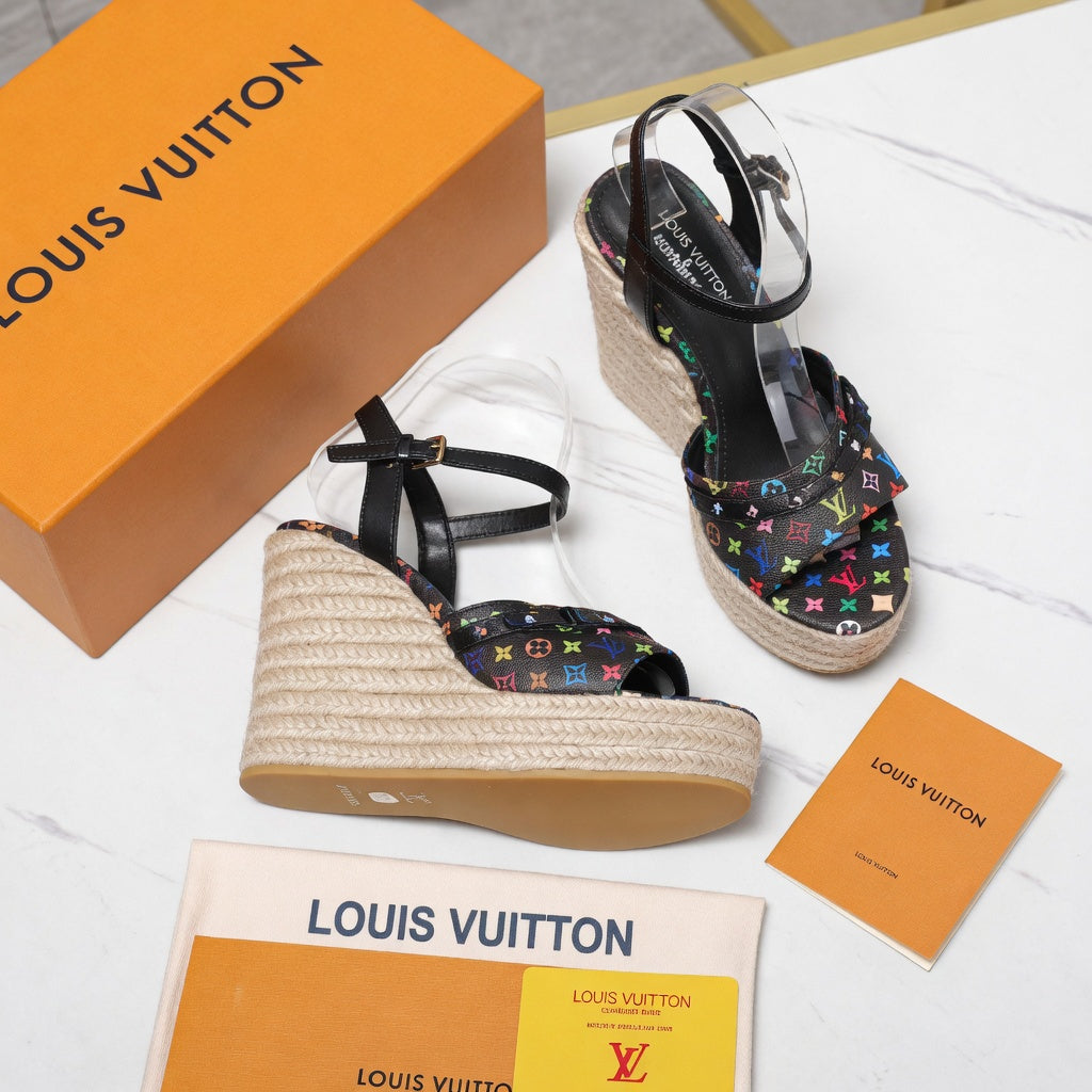 Multicolor Canvas Wedge Sandals