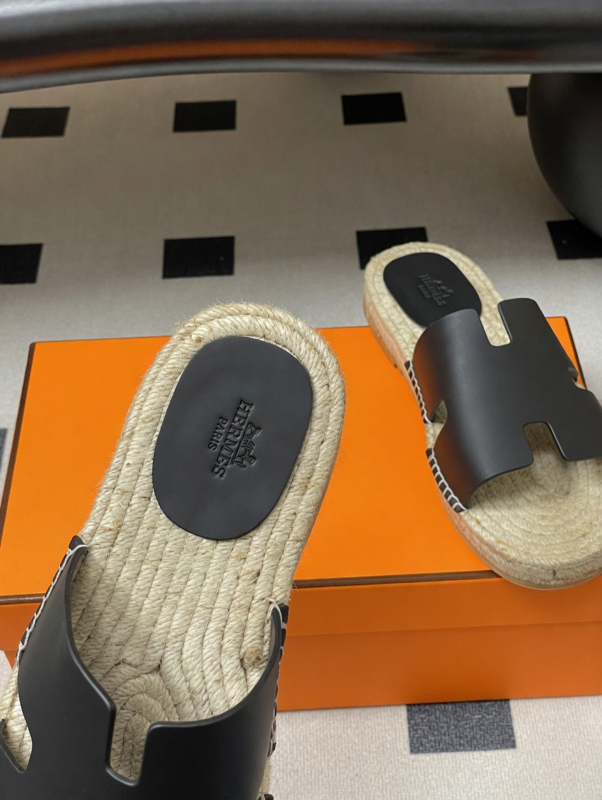 Chic Leather Espadrille Slides with Signature H Cut-Out