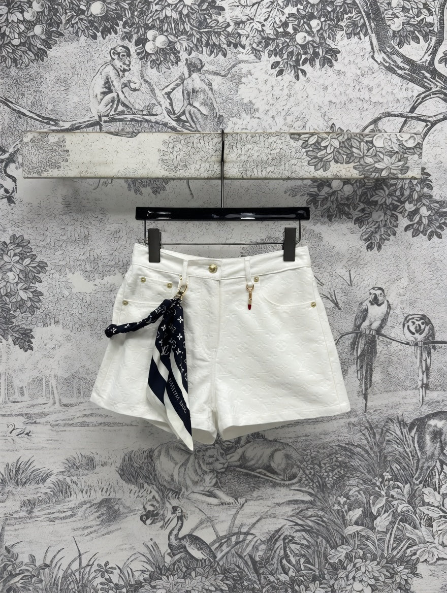 White Monogram  Denim Shorts with Scarf Belt