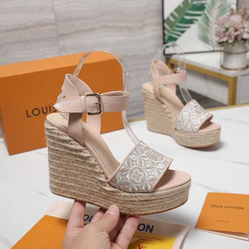 Luxury Monogram Embroidered Espadrille Wedges