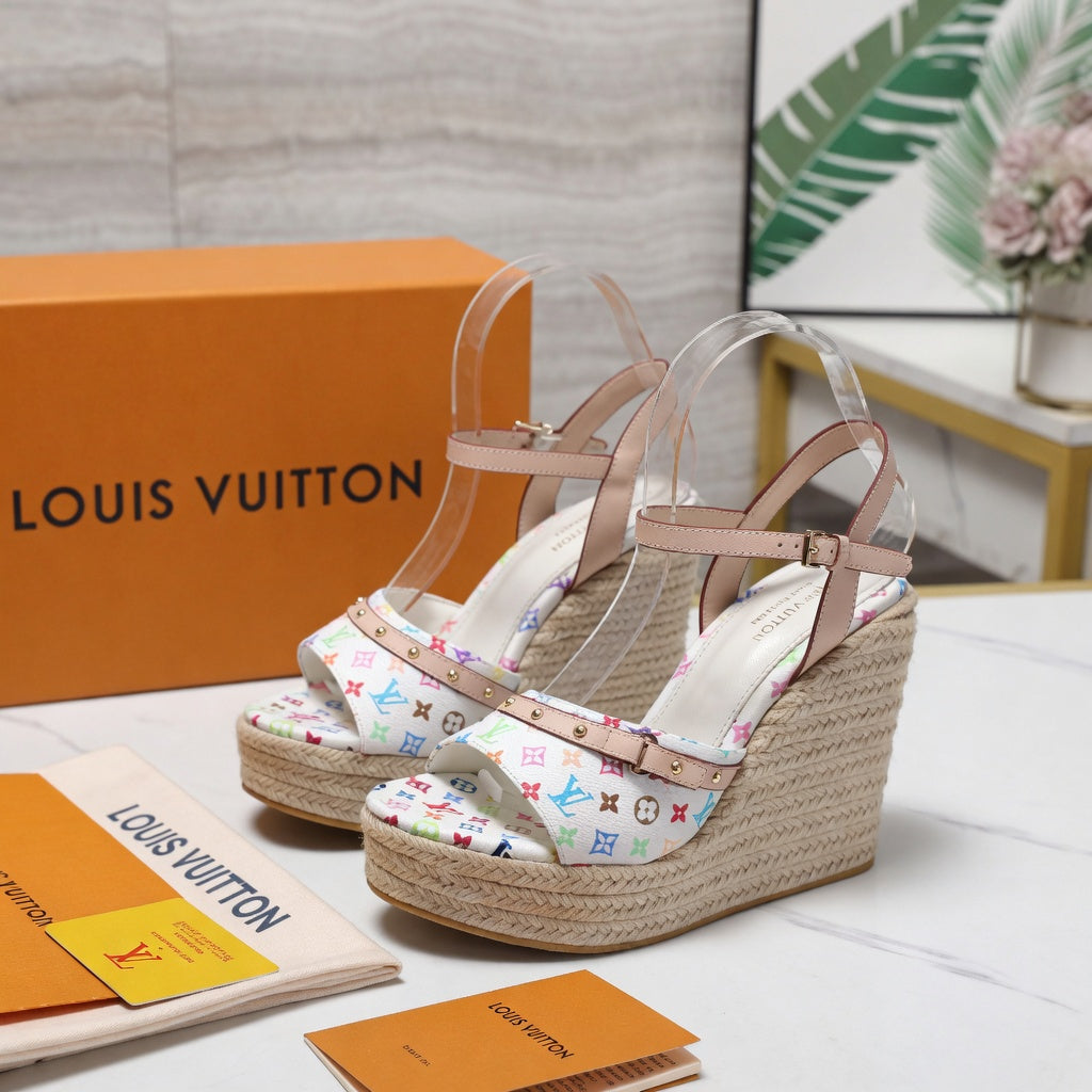Multicolor Canvas Wedge Sandals