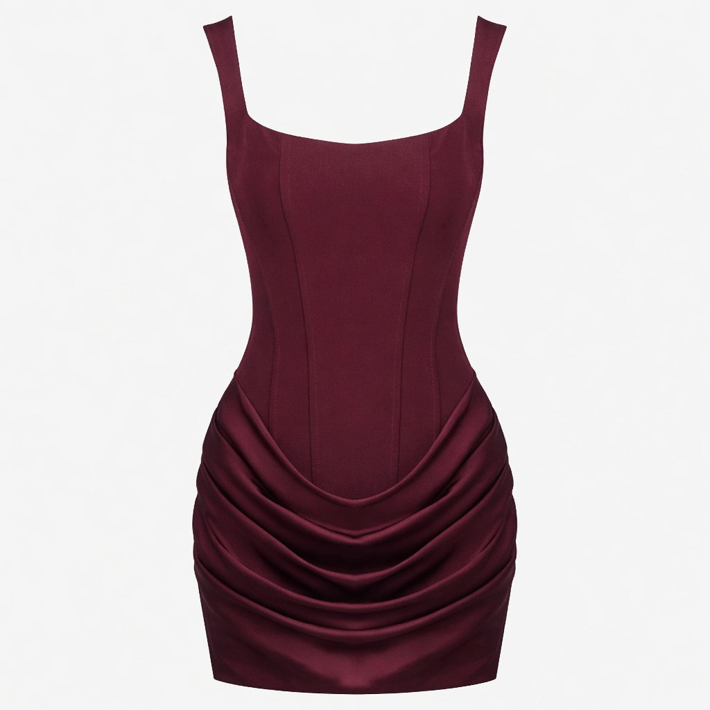 Burgundy Corset Dress with Ruched Drape