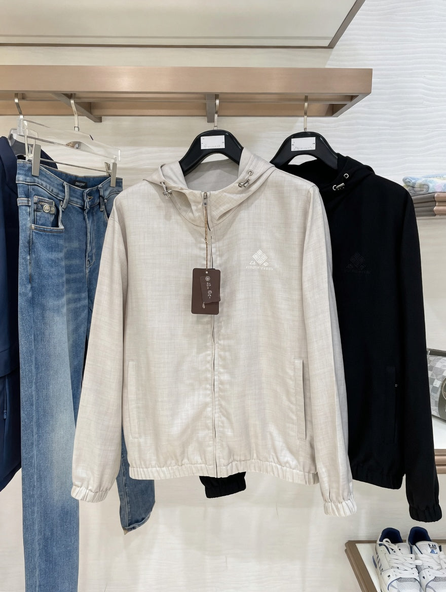Minimalist Beige Linen Hoodie Jacket with Gold Zipper