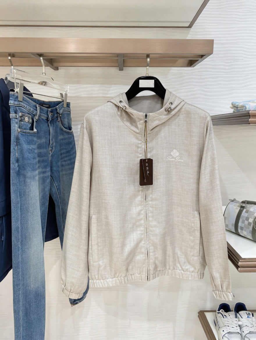 Minimalist Beige Linen Hoodie Jacket with Gold Zipper