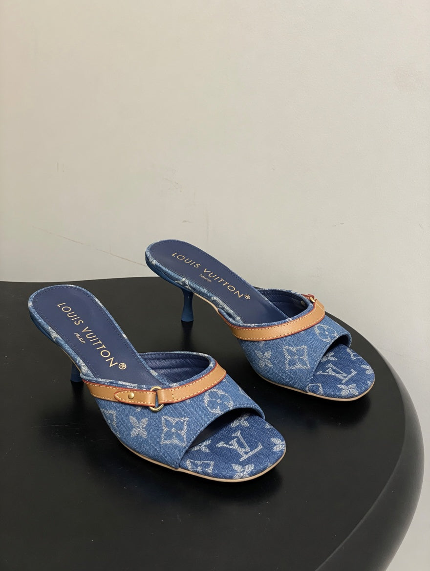 Luxury-Inspired Denim Open Toe Kitten Heels