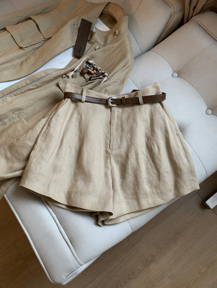 Relaxed Fit Beige Linen Shorts