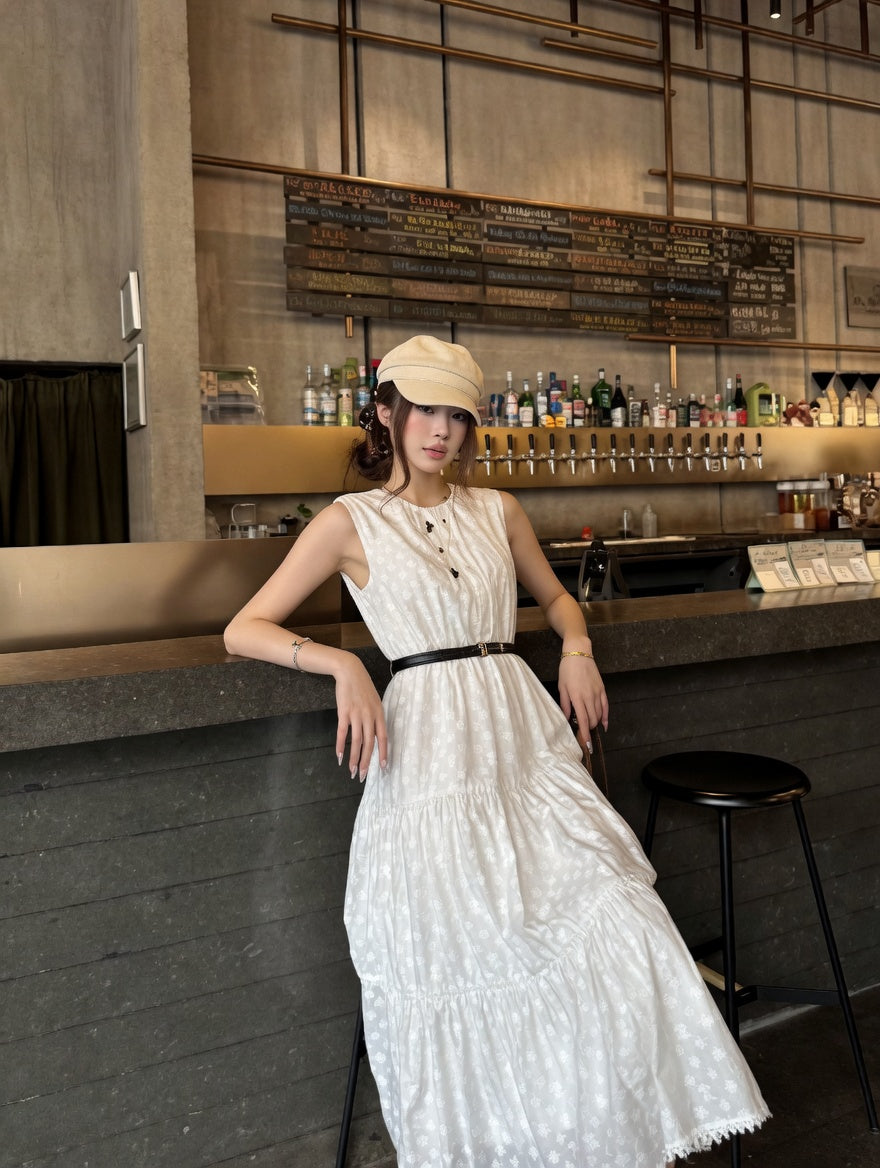 Sleeveless White Broderie Anglaise Tiered Dress