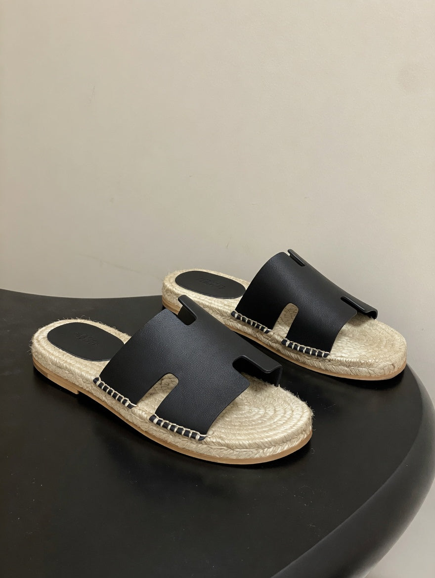 Chic Leather Espadrille Slides with Signature H Cut-Out
