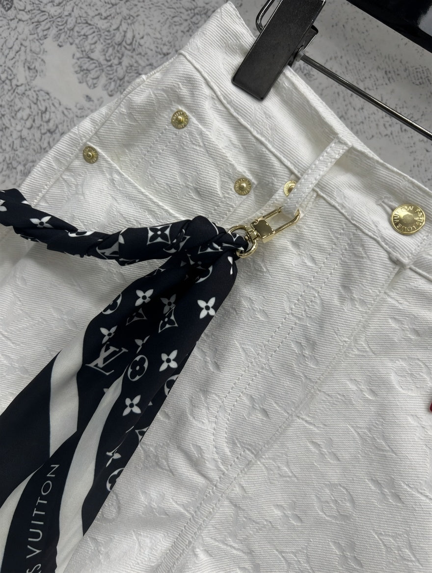 White Monogram  Denim Shorts with Scarf Belt
