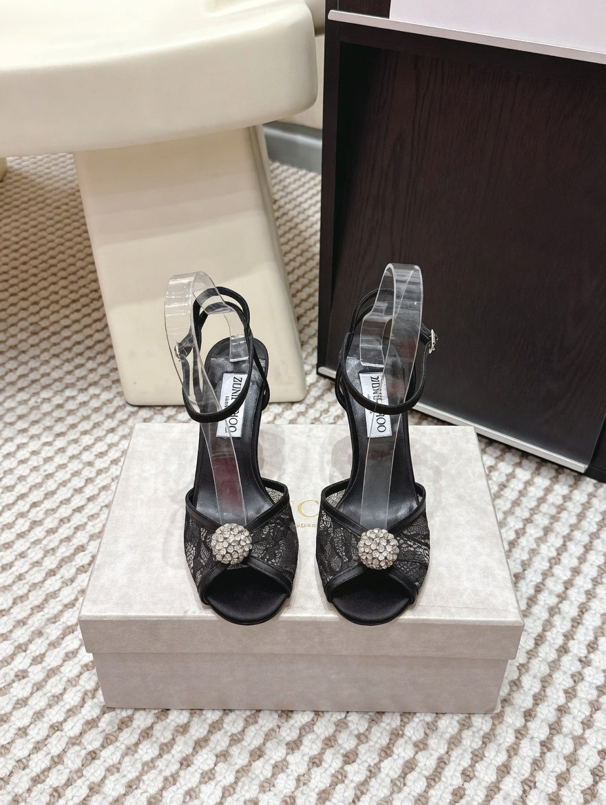 Luxury-Inspired Satin Lace Crystal Accent Stilettos
